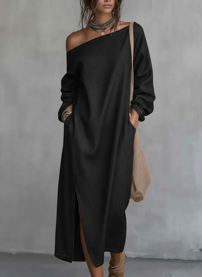 Loose-fitting One Shoulder Split Hem Cotton Linen Midi Dress