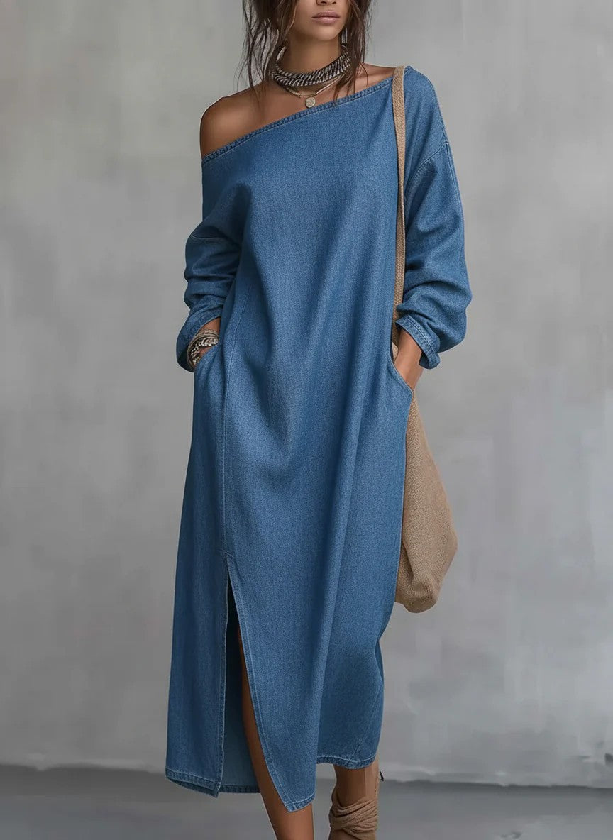 Loose-fitting One Shoulder Split Hem Cotton Linen Midi Dress