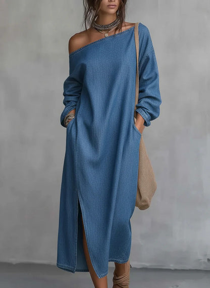 Loose-fitting One Shoulder Split Hem Cotton Linen Midi Dress