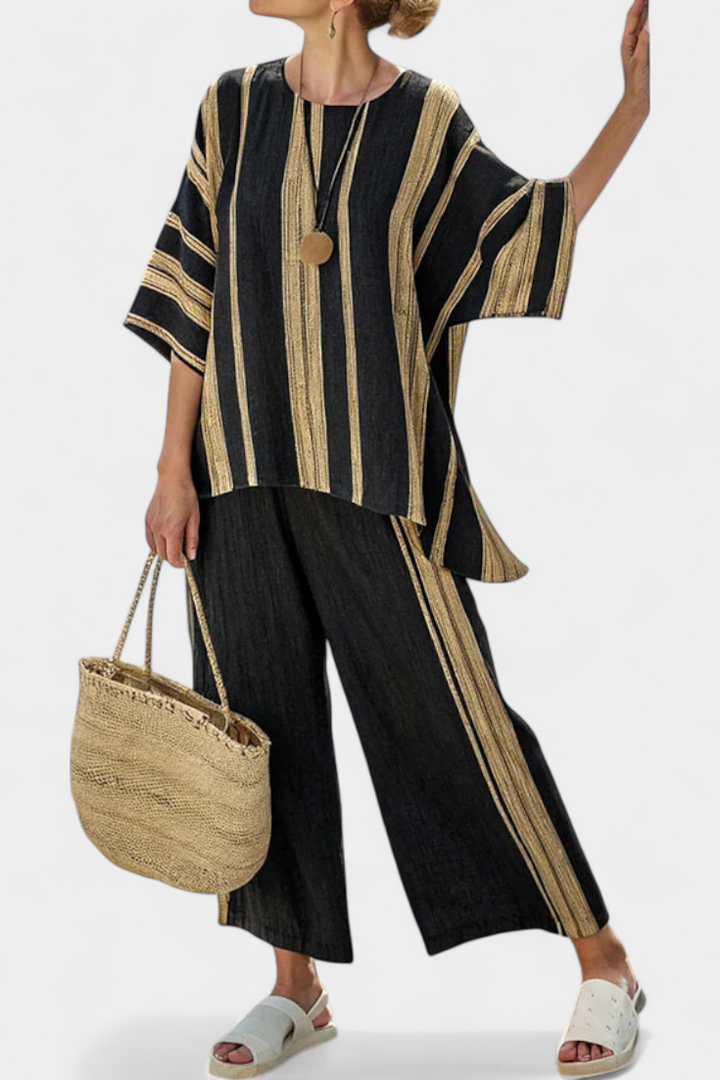 Calden | Bequemes Oversize-gestreiftes Oberteil & lockere Leinenhose