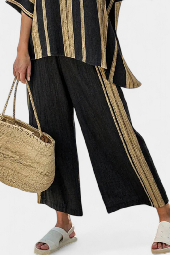 Calden | Bequemes Oversize-gestreiftes Oberteil & lockere Leinenhose