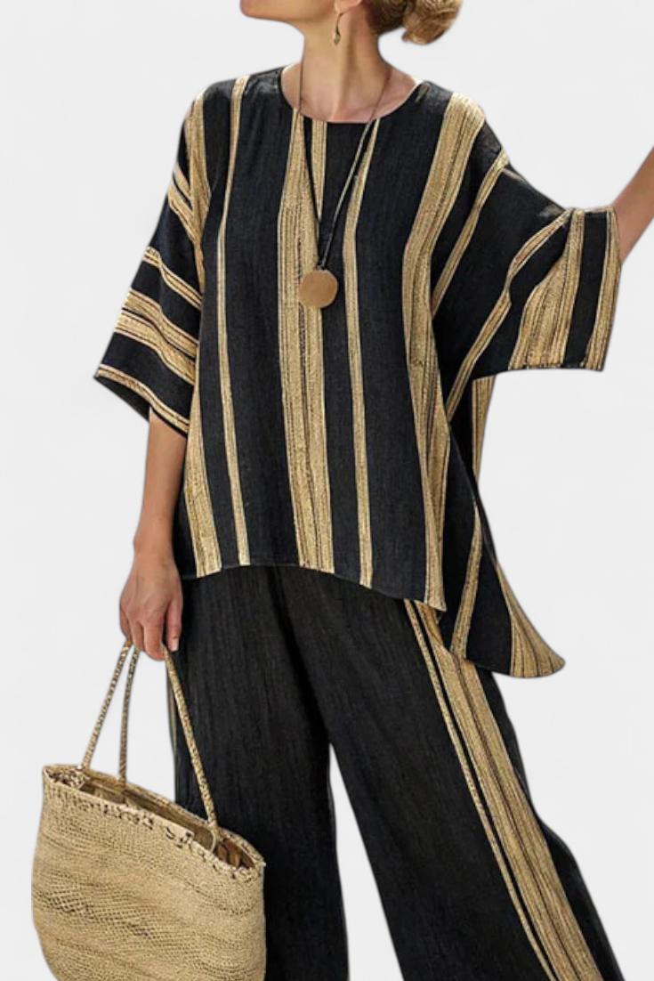 Calden | Bequemes Oversize-gestreiftes Oberteil & lockere Leinenhose