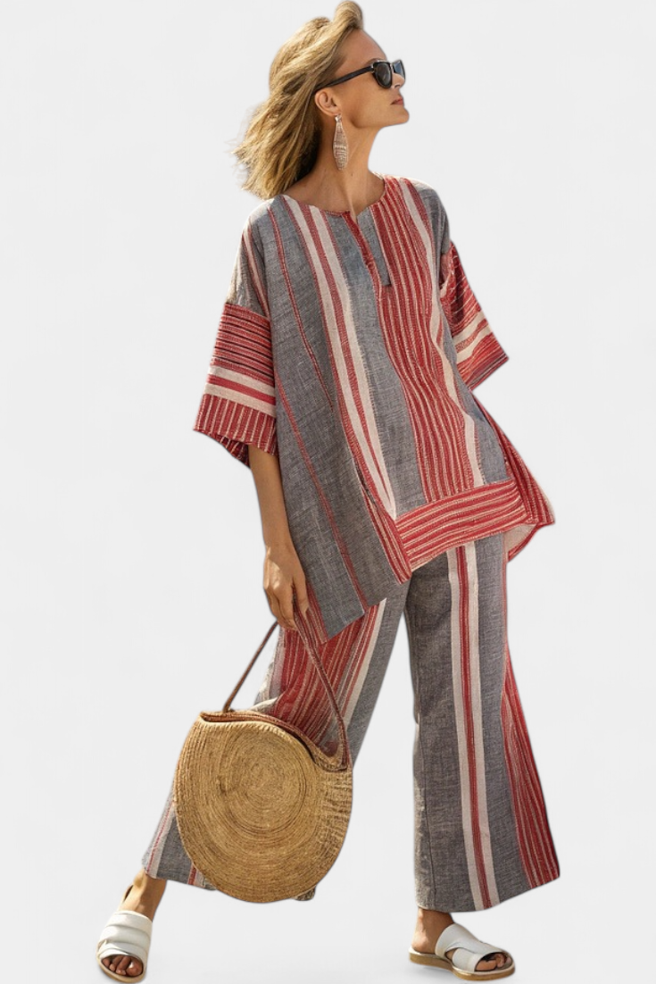 Bravine | Elegante conjunto de blusa de lino coral-gris y pantalones de pierna ancha