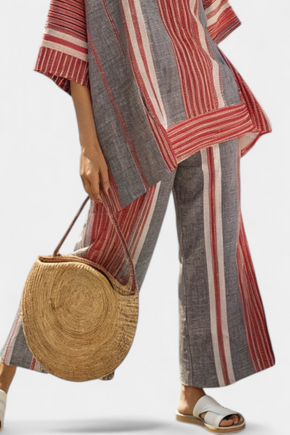 Bravine | Elegante conjunto de blusa de lino coral-gris y pantalones de pierna ancha