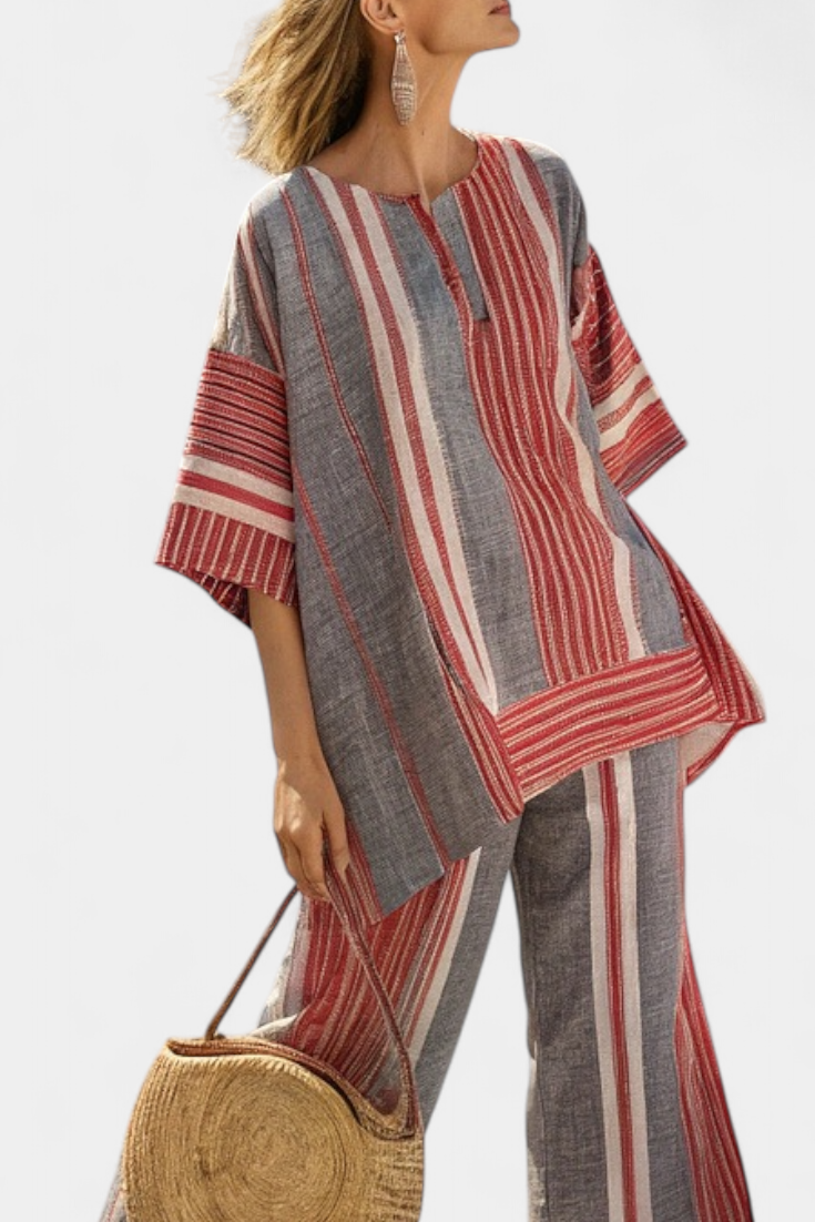 Bravine | Elegante conjunto de blusa de lino coral-gris y pantalones de pierna ancha
