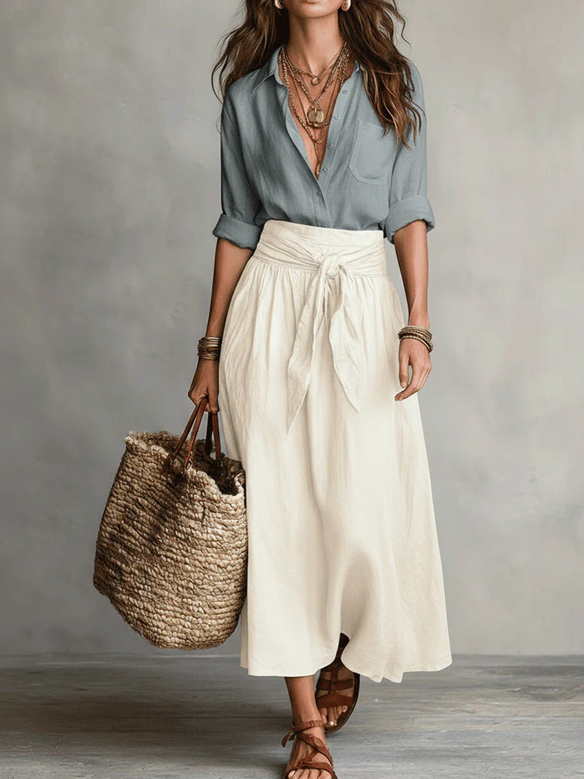 River | Black Button Shirt & Olive Midi Skirt Two-Piece Set