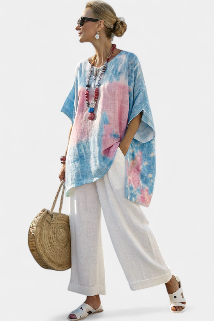 Vantrel | Blusa cómoda y holgada de lino y pantalones de bambú a rayas