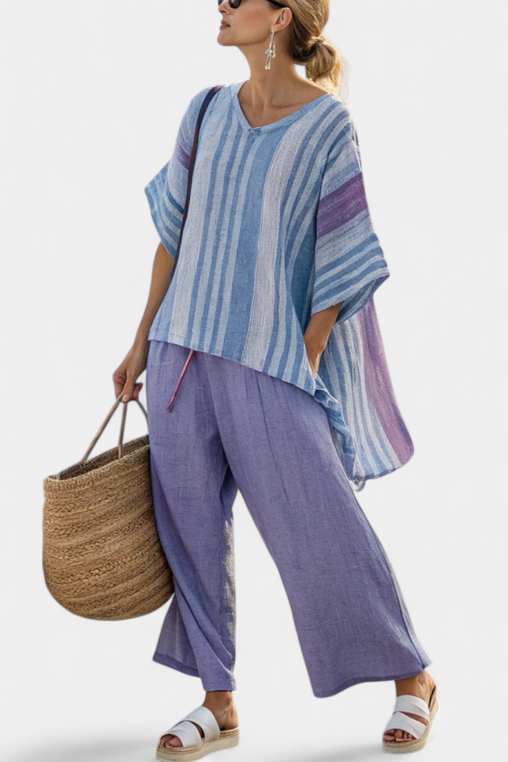 Zellora | Elegante top lavanda y azul cielo con pantalones de lino