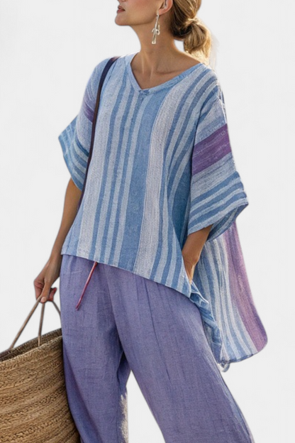 Zellora | Elegante top lavanda y azul cielo con pantalones de lino