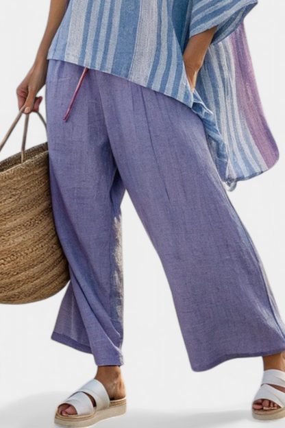 Zellora | Elegante top lavanda y azul cielo con pantalones de lino