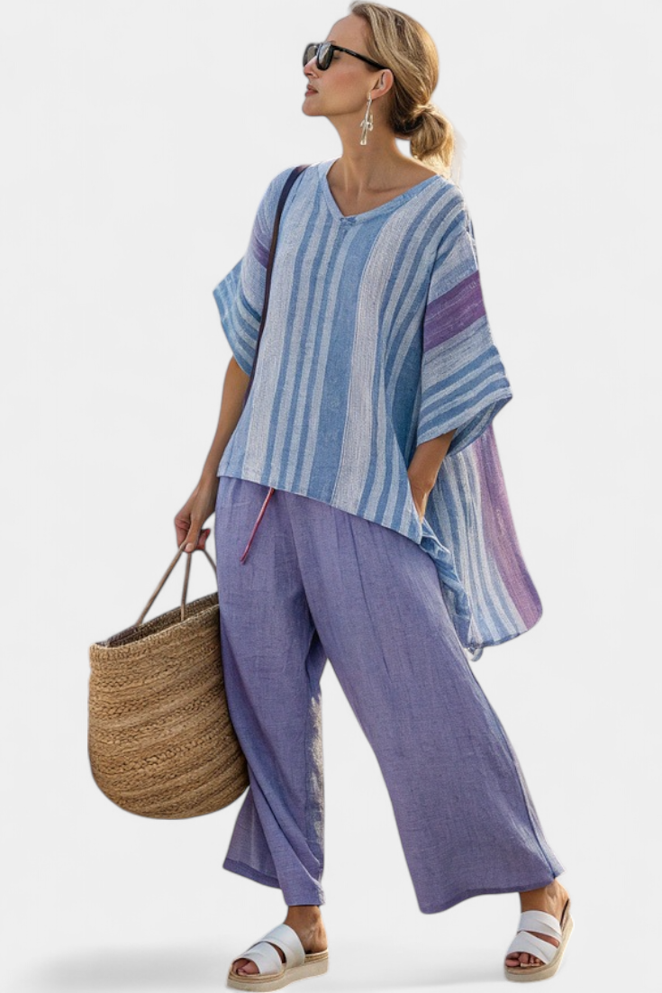 Zellora | Elegante top lavanda y azul cielo con pantalones de lino