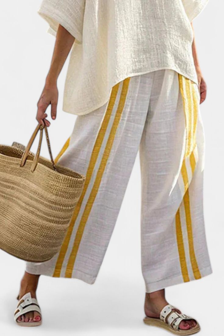 Anselor | Elegante conjunto de lino amarillo a rayas con top y pantalones de pierna ancha
