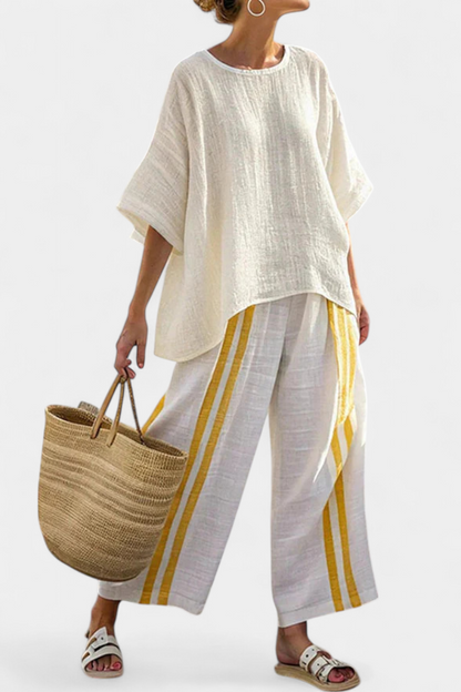 Anselor | Elegante conjunto de lino amarillo a rayas con top y pantalones de pierna ancha