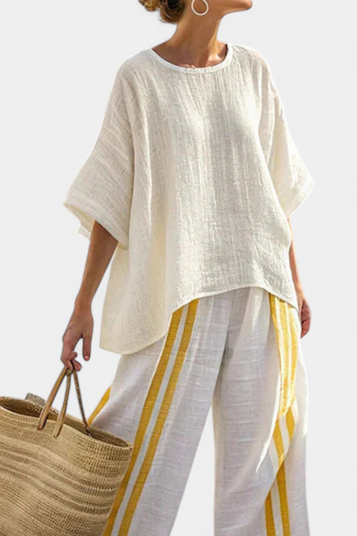 Anselor | Elegante conjunto de lino amarillo a rayas con top y pantalones de pierna ancha