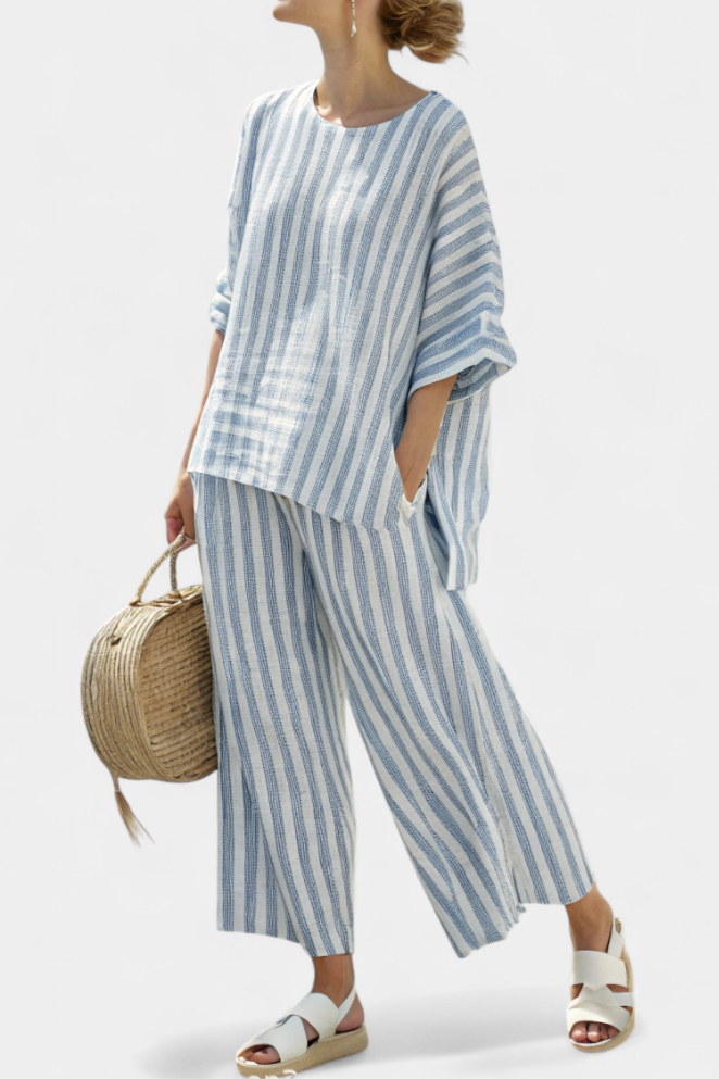 Rensleigh | Top de lino azul sofisticado a rayas y pantalones holgados