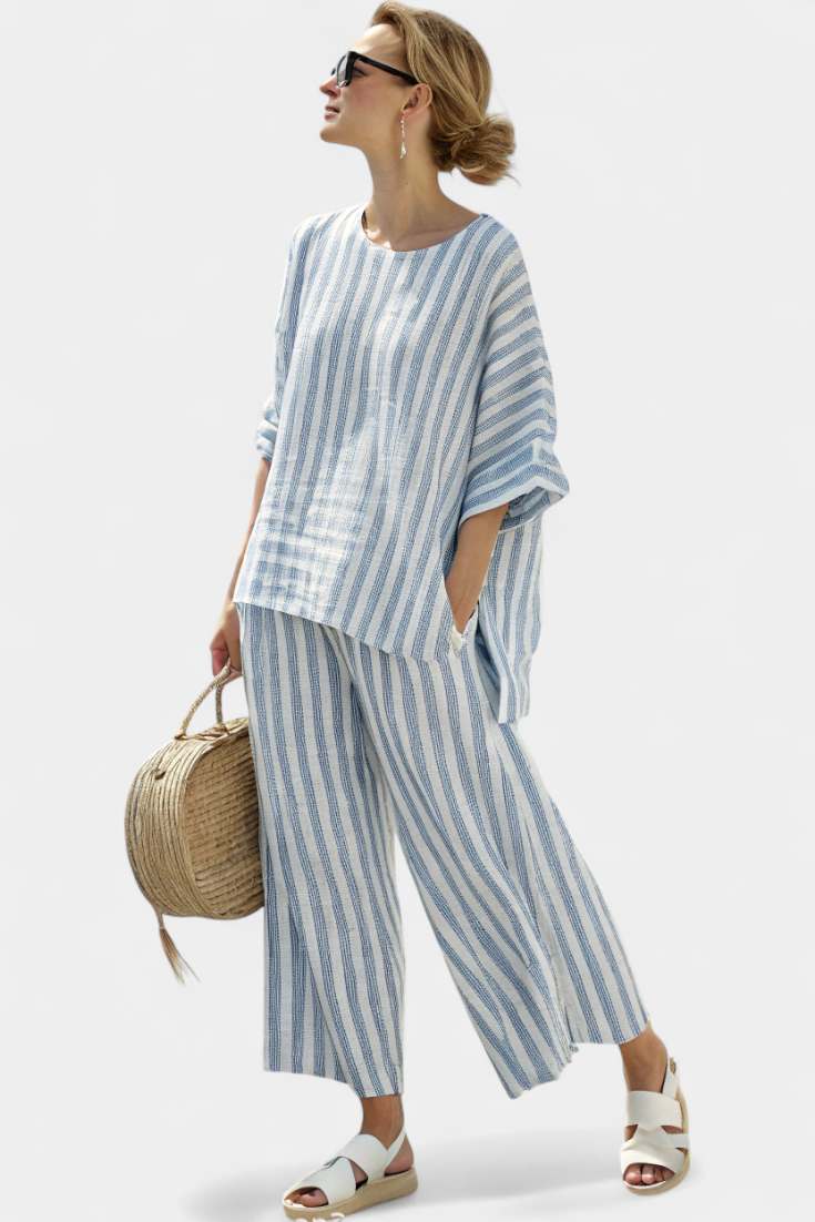 Rensleigh | Top de lino azul sofisticado a rayas y pantalones holgados