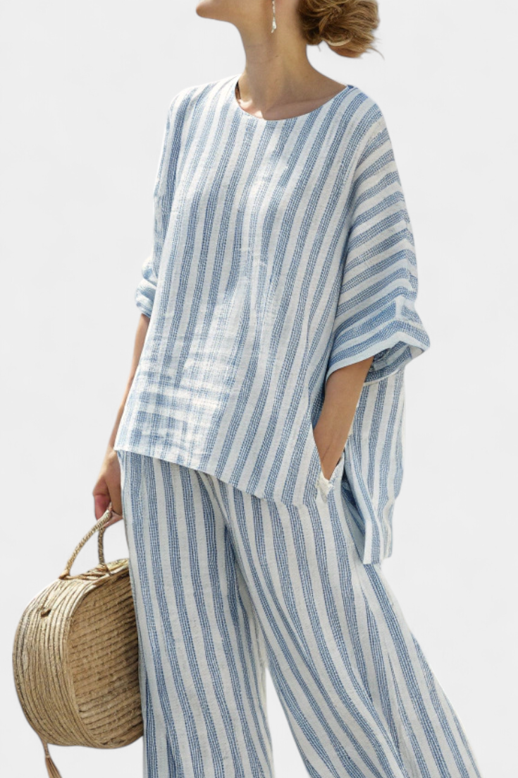 Rensleigh | Top de lino azul sofisticado a rayas y pantalones holgados