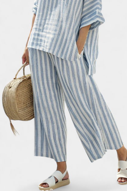 Rensleigh | Top de lino azul sofisticado a rayas y pantalones holgados