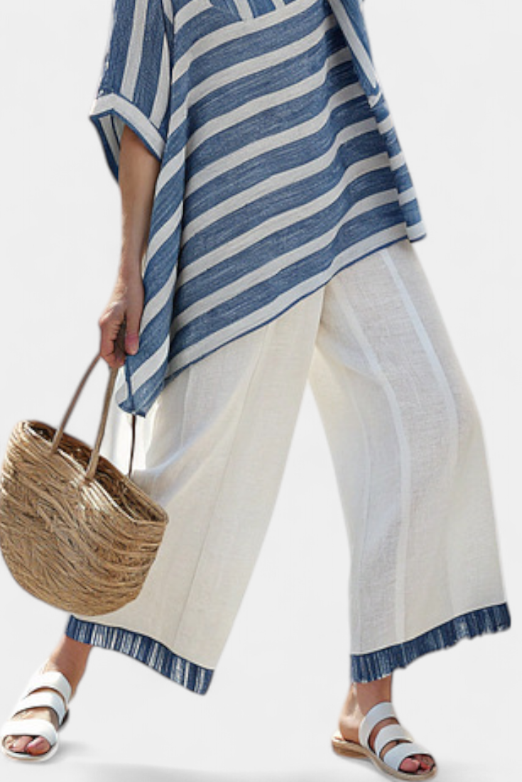 Corvielle | Top azul sofisticado listrado e calça com barra detalhada