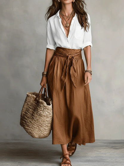 River | Black Button Shirt & Olive Midi Skirt Two-Piece Set