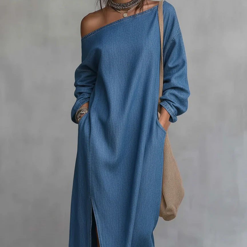 Loose-fitting One Shoulder Split Hem Cotton Linen Midi Dress