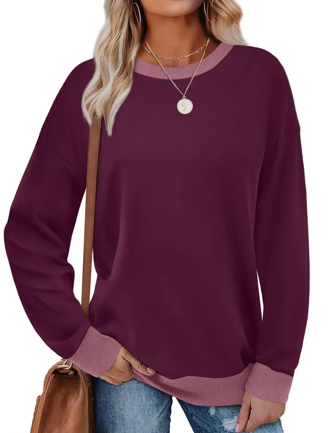 MARGARET™ - Sudadera túnica de manga larga con cuello redondo y ribete en contraste