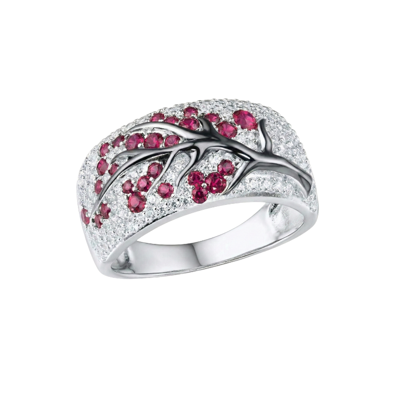 Rubinblomst-ring med træmotiv | Hvidguld