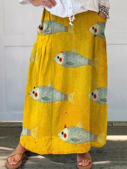Saia feminina vintage com bolso de linho e estampa artística de peixe