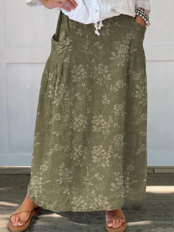 Vintage-Blumenrock aus Leinen für Damen mit elastischem Bund und Taschen
