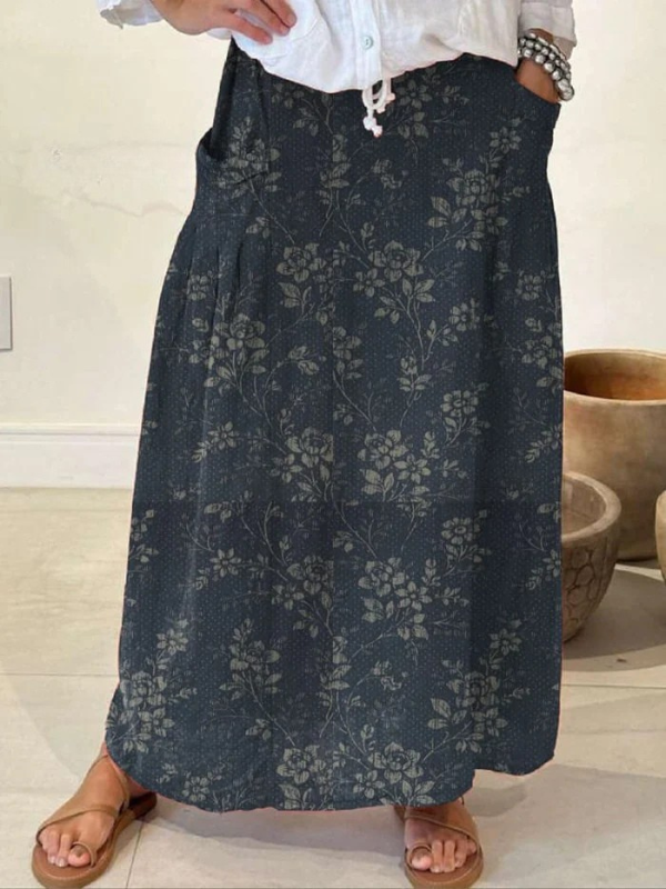 Vintage-Blumenrock aus Leinen für Damen mit elastischem Bund und Taschen