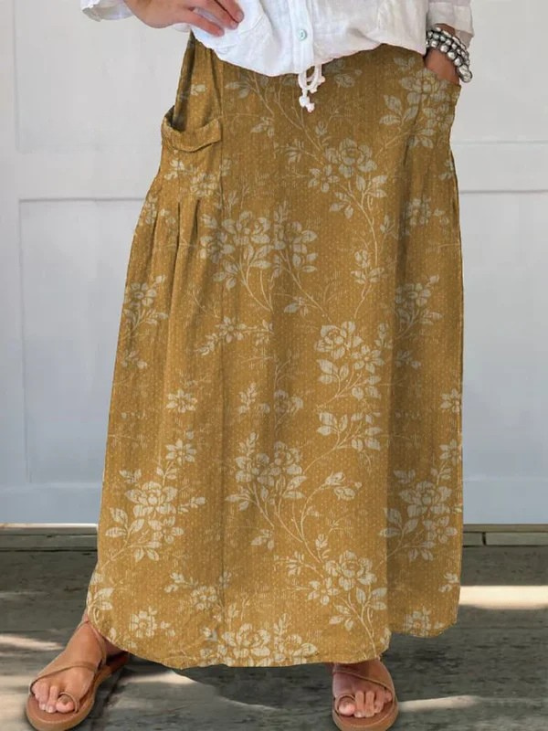 Vintage-Blumenrock aus Leinen für Damen mit elastischem Bund und Taschen