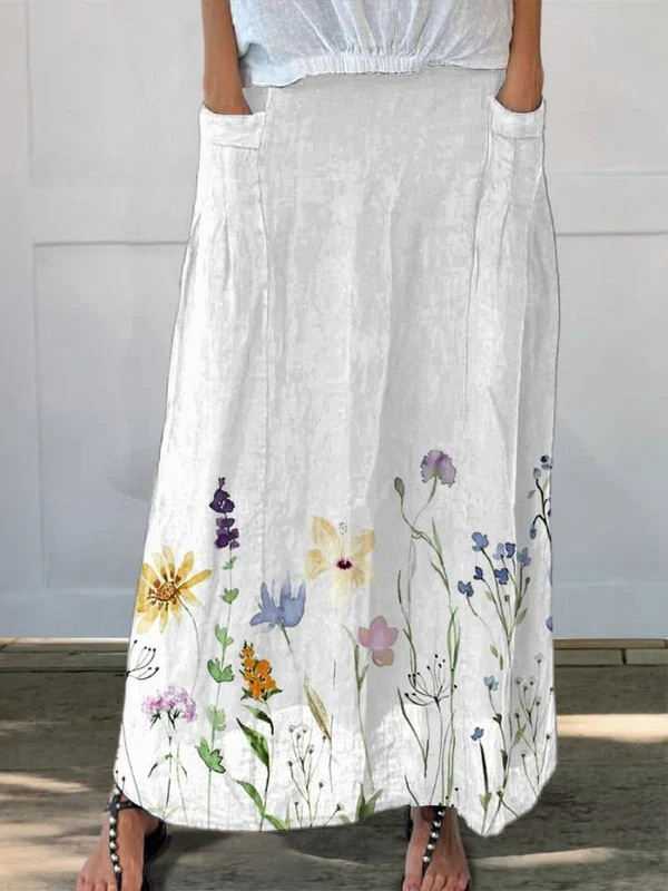 Aquarell-Druck „Spring Meadows“ – Leinenrock für Damen mit elastischem Bund und Taschen