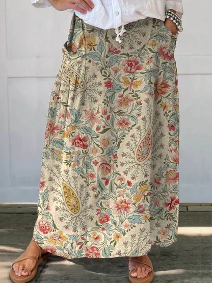 Saia feminina de linho com bolsos e estampa floral vintage artística