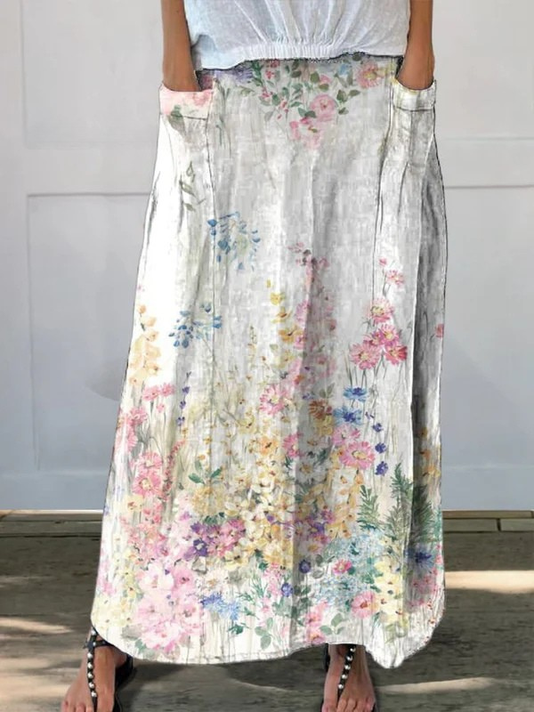 Falda vintage de lino con estampado floral botánico para mujer, cintura elástica y bolsillos