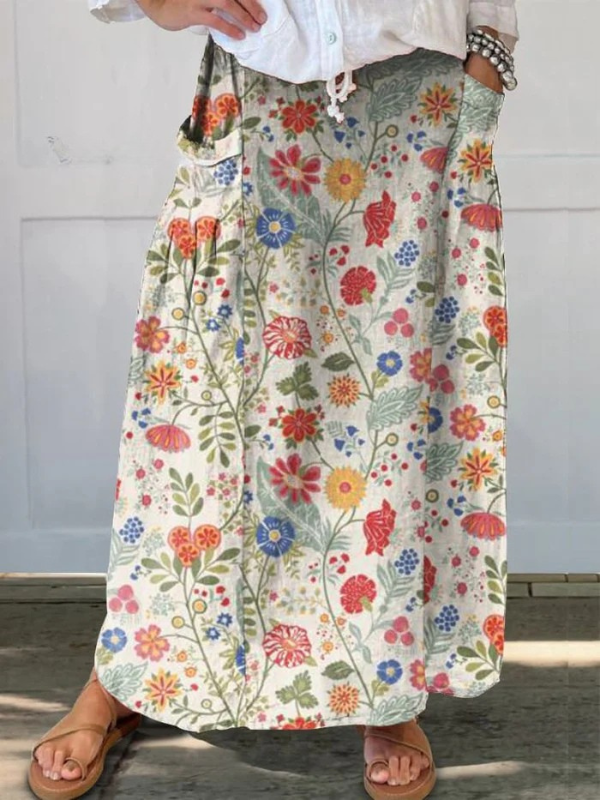 Damenrock aus Leinen mit Blumenmuster, elastischem Bund und Taschen