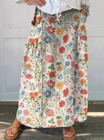 Damenrock aus Leinen mit Blumenmuster, elastischem Bund und Taschen