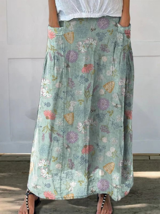 Daisy | Blooming Spring Floral And Bumble Bee Pattern Printed Pocket Skirt