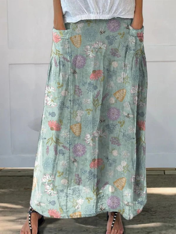 Saia feminina de linho com bolsos e estampa floral primaveril com abelhas e flores desabrochando