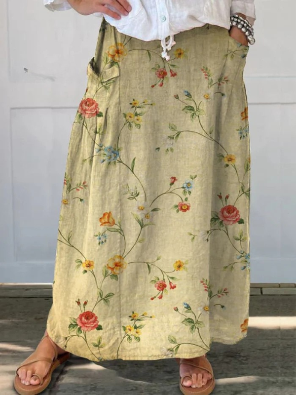 Falda de lino floral elegante y retro para mujer, con cintura elástica y bolsillos
