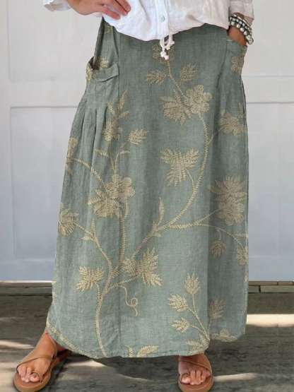 Falda de lino floral elegante y retro para mujer, con cintura elástica y bolsillos
