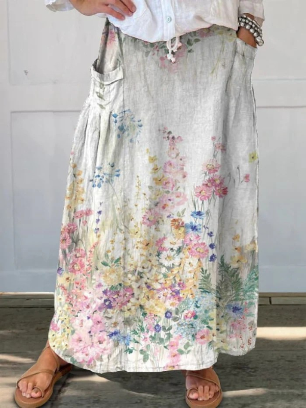 Falda de lino floral elegante y retro para mujer, con cintura elástica y bolsillos