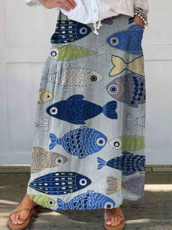 Vintage Damenrock mit Leinentasche und wunderschönem Fisch-Kunstdruck