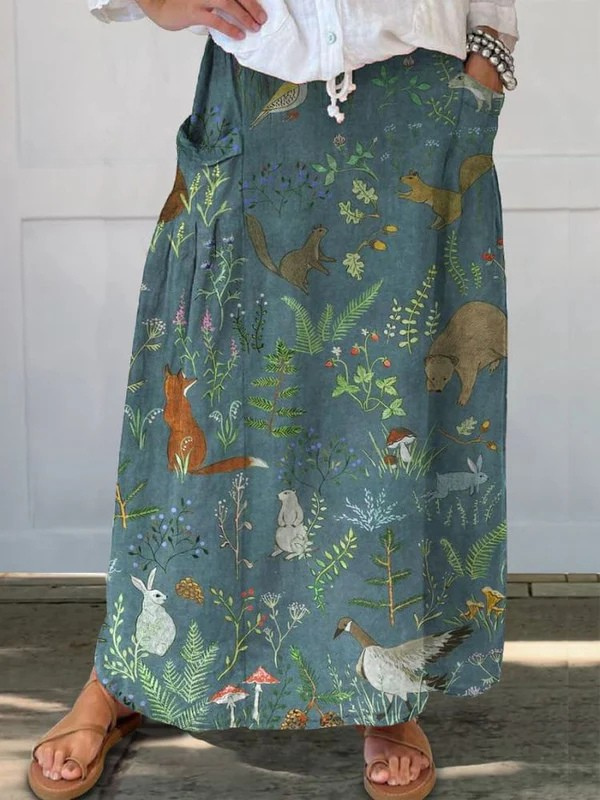 Damen-Casual-Leinenrock mit Retro-Blumen- und Tiermotiv sowie Taschen
