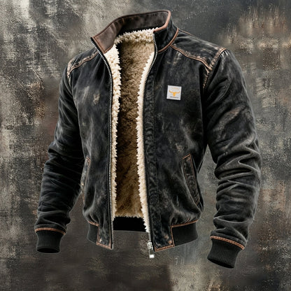 Men's Fleece-Lined Bomber Jacket with Stand Collar and Full Zip