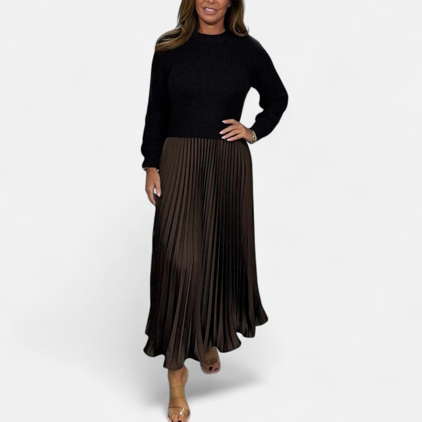 Claudia - Vestido maxi com suéter e saia plissada