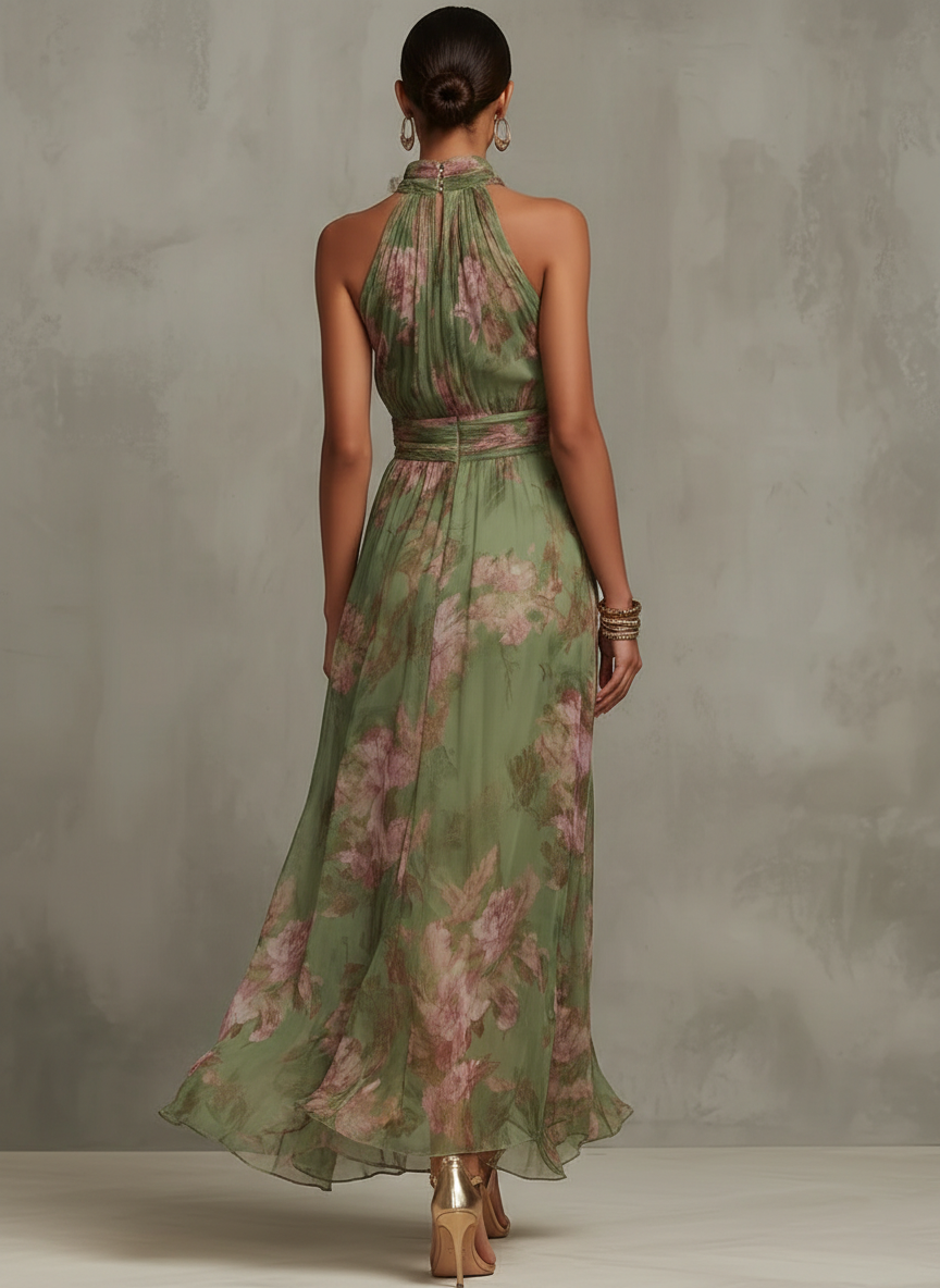 Florence | Grøn blomsterchiffon halterneck maxikjole