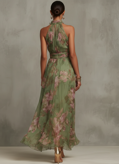 Florence | Grøn blomsterchiffon halterneck maxikjole