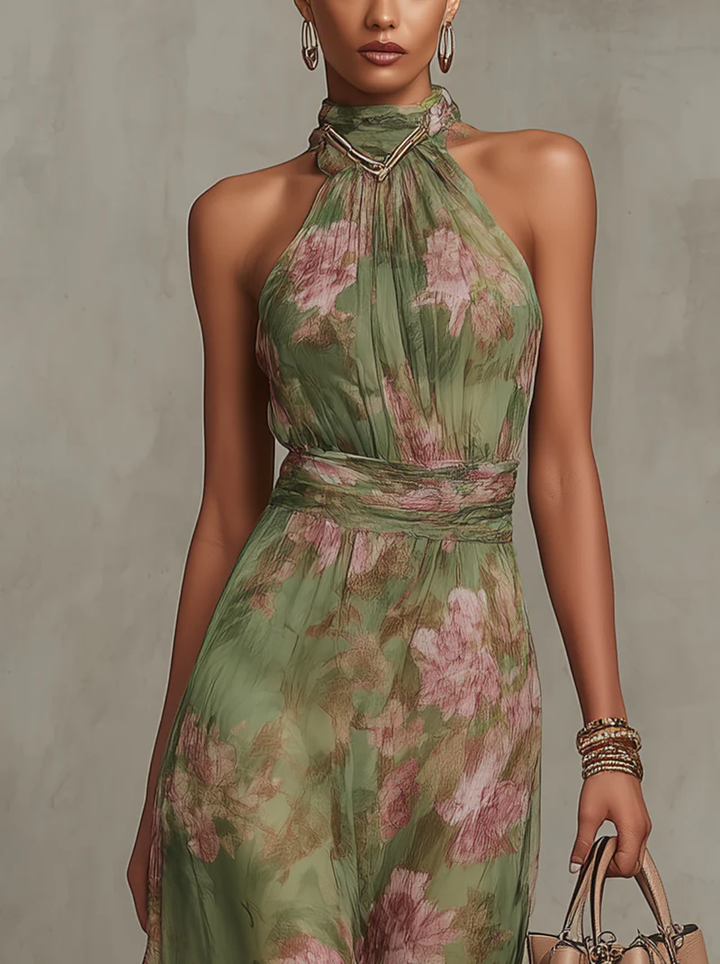 Florence | Grøn blomsterchiffon halterneck maxikjole