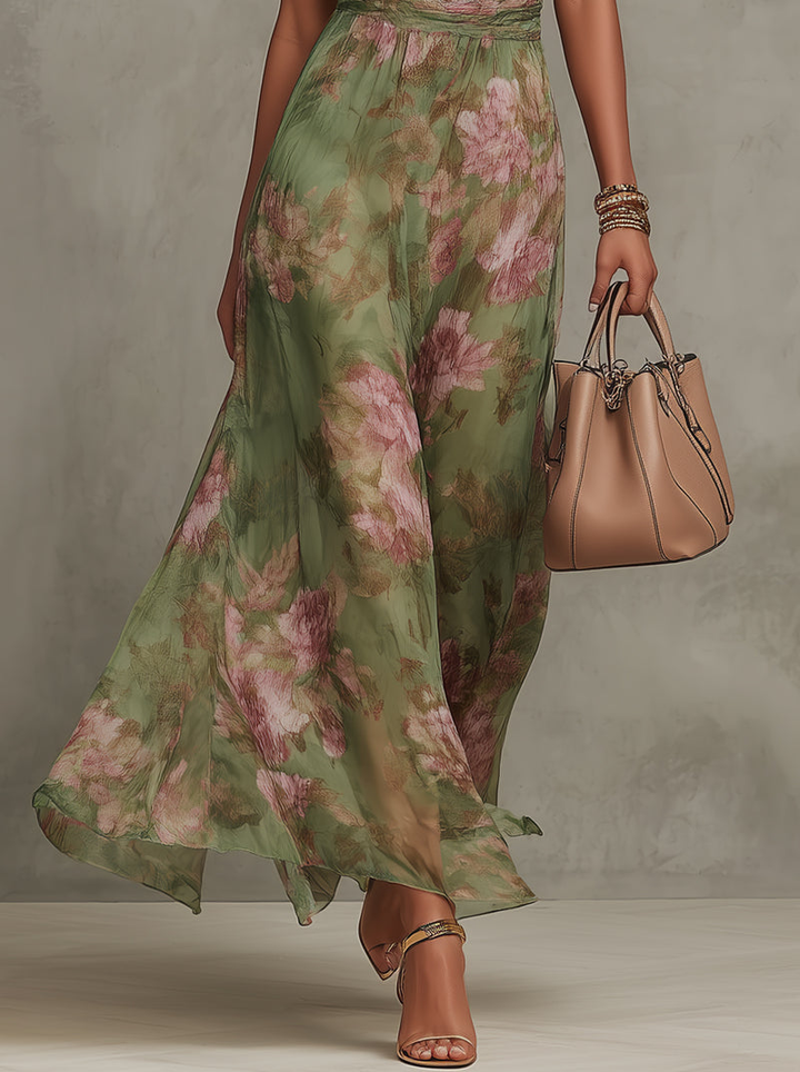 Florence | Grøn blomsterchiffon halterneck maxikjole