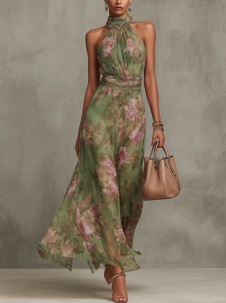 Florence | Grøn blomsterchiffon halterneck maxikjole
